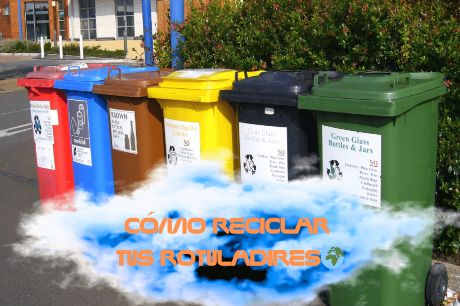 Una imagen de un grupo de contenedores de reciclaje de colores. El contenedor amarillo contiene rotuladores usados.